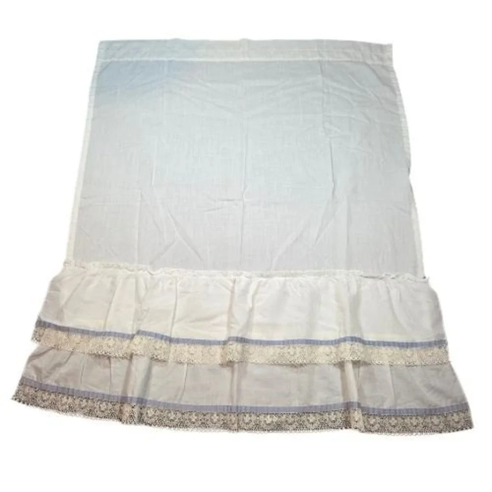 Vintage White Ruffled Cafe Curtains Lace Trim Blue Ribbon Made in USA 36x28 4pc